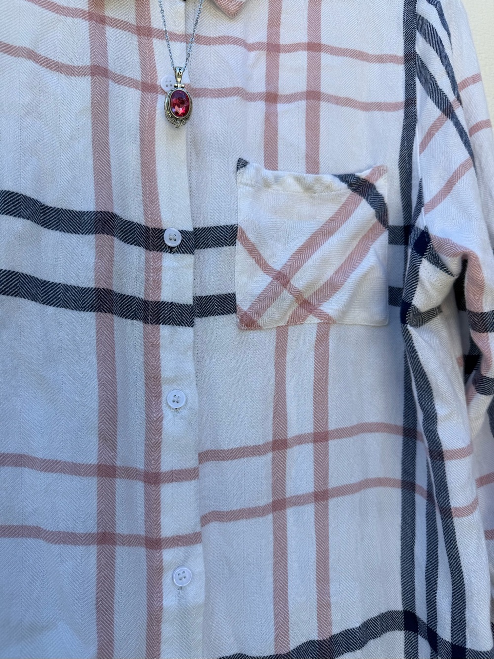 Plaid Button-Front Woman’s Shirt -  White & Pink & Navy Stripe. - Picture 4 of 9